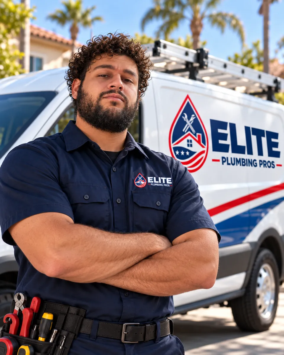 Elite Plumbing Pros technician in front of a branded service van