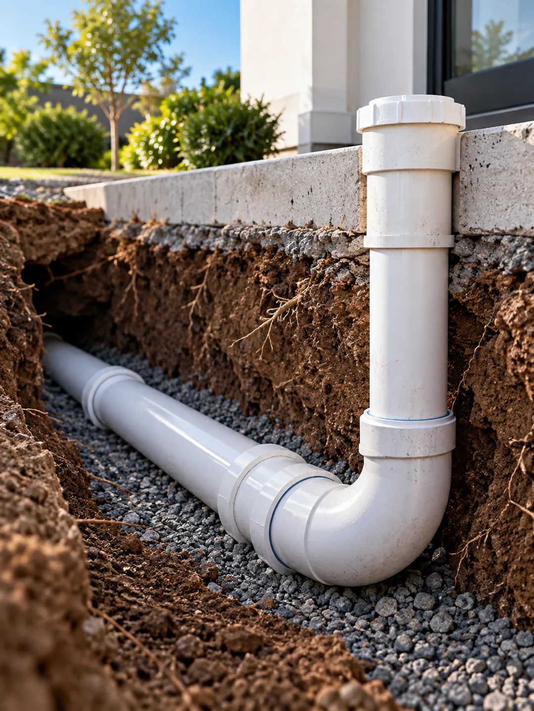 New PVC sewer line installed in a trench below a home